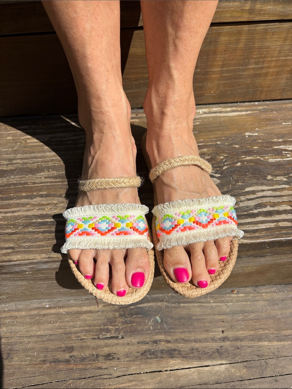 Neutral Woven Strap Sandals with Colorful Embroidered Detail